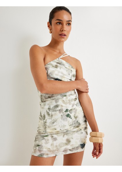 Tek Omuz Mini Kalem Elbise Floral Desenli Dokulu