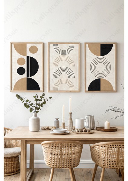 Modern Soyut Bohem 3'lü Tablo Seti - Ahşap Çerçeveli Tablo - Duvar Tablosu - Üçlü Tablo