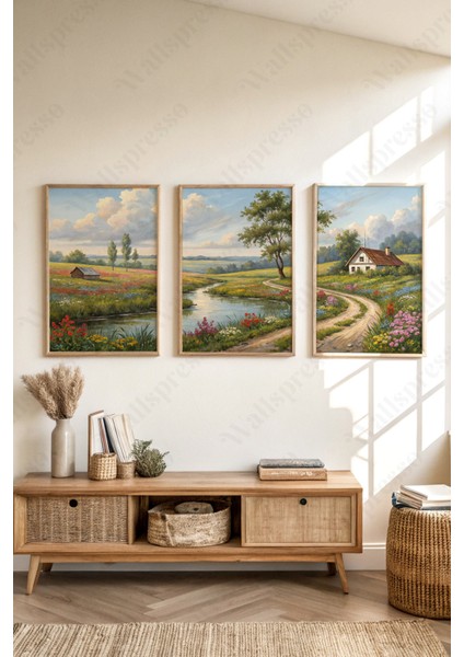 Doğa Temalı 3'lü Ahşap Çerçeveli Tablo Seti - Duvar Tablosu - Üçlü Tablo - Salon Yatak Odası Tablo
