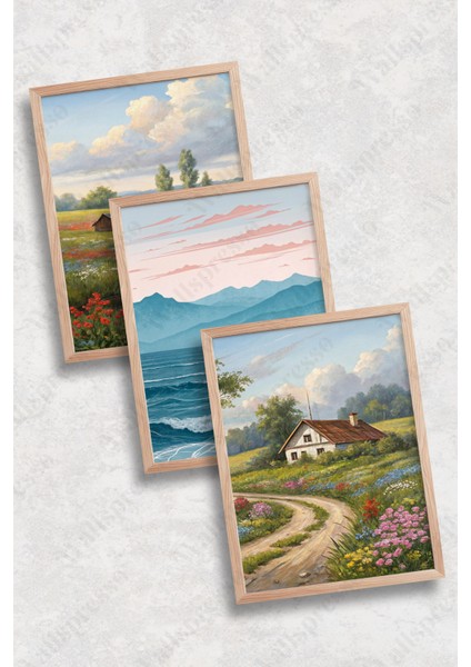 Doğa Temalı 3'lü Ahşap Çerçeveli Tablo Seti - Duvar Tablosu - Üçlü Tablo - Salon Yatak Odası Tablo fiyatları