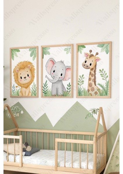 Hayvan Temalı Çocuk Odası Ahşap Çerçeveli Tablo - 3'lü Tablo Seti - Bebek Odası Tablo - Üçlü Tablo