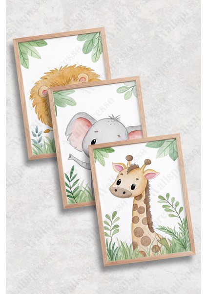 Hayvan Temalı Çocuk Odası Ahşap Çerçeveli Tablo - 3'lü Tablo Seti - Bebek Odası Tablo - Üçlü Tablo fiyatları