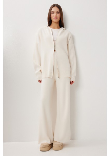 Kapüşonlu Fermuarlı Triko Alt-Üst Takım LMT0051 Krem