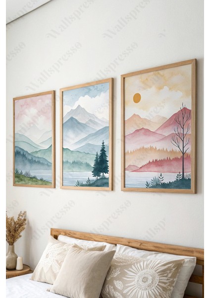 Soyut Doğa Temalı Ahşap Çerçeveli Tablo - 3'lü Tablo Seti - Duvar Tablosu - Üçlü Tablo