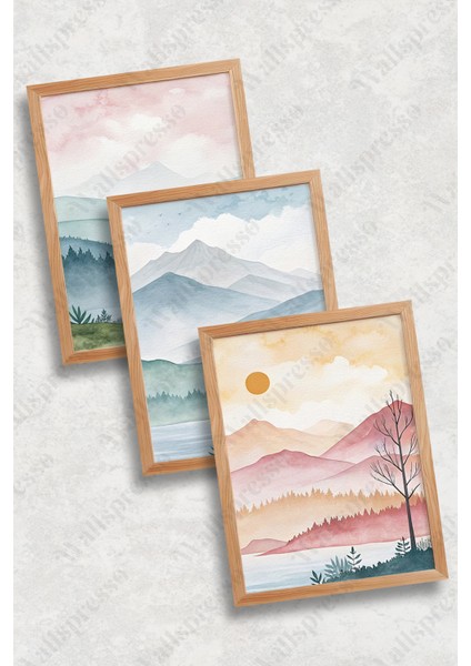 Soyut Doğa Temalı Ahşap Çerçeveli Tablo - 3'lü Tablo Seti - Duvar Tablosu - Üçlü Tablo fiyatları
