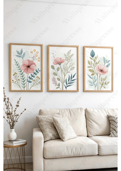 Bohem Çiçek Temalı Ahşap Çerçeveli Tablo - 3'lü Tablo Set - Duvar Tablosu - Üçlü Tablo