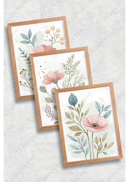 Bohem Çiçek Temalı Ahşap Çerçeveli Tablo - 3'lü Tablo Set - Duvar Tablosu - Üçlü Tablo fiyatları