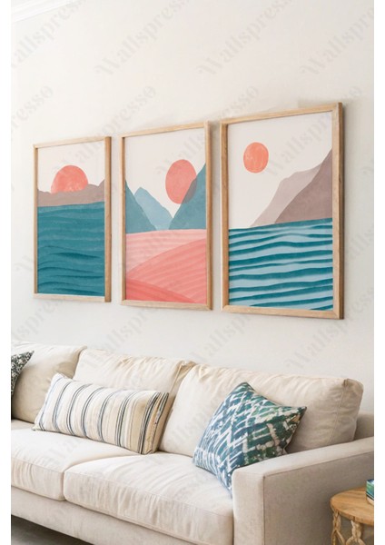 Modern Soyut Ahşap Çerçeveli Tablo - 3'lü Tablo Seti - Duvar Tablosu - Üçlü Tablo