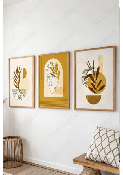 Boho Ahşap Çerçeveli Tablo - 3'lü Tablo Seti - Duvar Tablosu - Üçlü Tablo