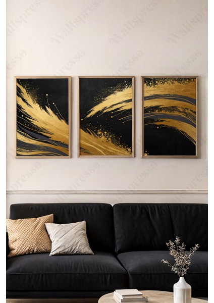 Siyah & Gold Modern Soyut Ahşap Çerçeveli Tablo - 3'lü Tablo Seti - Duvar Tablosu - Üçlü Tablo