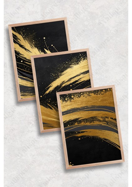 Siyah & Gold Modern Soyut Ahşap Çerçeveli Tablo - 3'lü Tablo Seti - Duvar Tablosu - Üçlü Tablo fiyatları