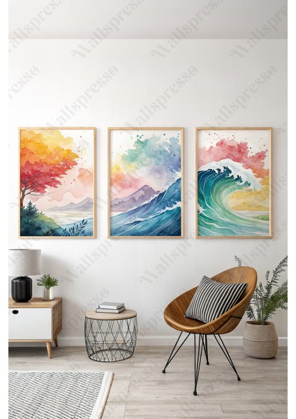 Soyut Renkli Dalga Ahşap Çerçeveli Tablo - 3'lü Tablo Seti Duvar Tablosu - Üçlü Tablo - Salon Tablo
