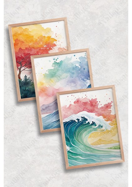Soyut Renkli Dalga Ahşap Çerçeveli Tablo - 3'lü Tablo Seti Duvar Tablosu - Üçlü Tablo - Salon Tablo fiyatları