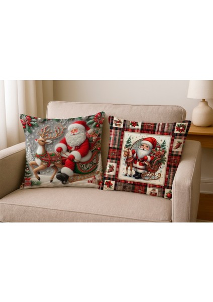 Dijital Baskılı Noel Baba Ekose Desenli Kırlent Kılıfı 43X43 Cm, Şık ve Renkli Dekorasyon Parçası fiyatları