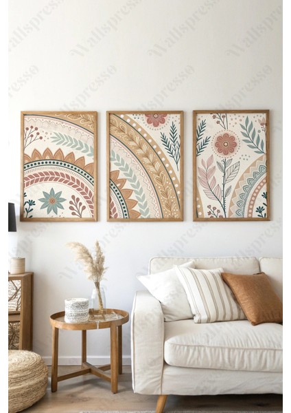 Bohem Minimalist Ahşap Çerçeveli Tablo - 3'lü Tablo Seti - Duvar Tablosu - Üçlü Tablo