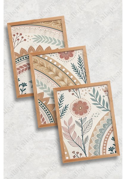 Bohem Minimalist Ahşap Çerçeveli Tablo - 3'lü Tablo Seti - Duvar Tablosu - Üçlü Tablo fiyatları