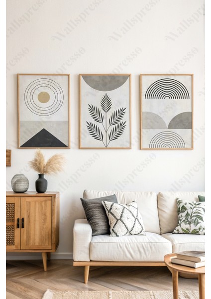 Soyut Bohem Modern Ahşap Çerçeveli Tablo - 3'lü Tablo Seti - Duvar Tablosu - Üçlü Tablo