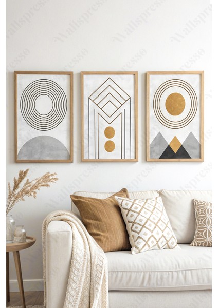 Modern Soyut Minimalist Ahşap Çerçeveli Tablo - 3'lü Tablo Seti - Duvar Tablosu - Üçlü Tablo