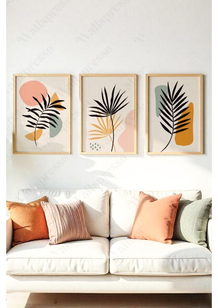 Bohem Minimalist Ahşap Çerçeveli Tablo - 3'lü Tablo Seti - Duvar Tablosu - Üçlü Tablo