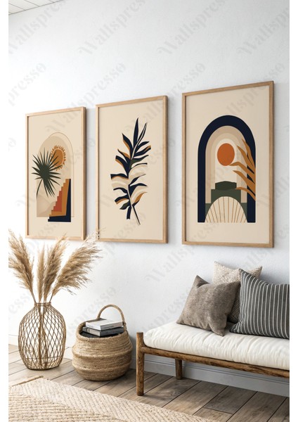 Modern Bohem 3'lü Çerçeveli Tablo Seti - Duvar Tablosu - Ahşap Çerçeveli Tablo - Üçlü Tablo