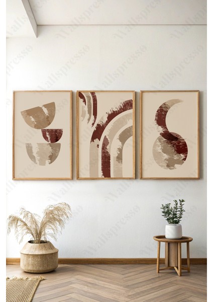 Soyut Modern Ahşap Çerçeveli Tablo - 3'lü Tablo Seti - Duvar Tablosu - Üçlü Tablo
