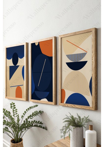 Soyut Modern Ahşap Çerçeveli Tablo - 3'lü Tablo Seti - Duvar Tablosu - Üçlü Tablo