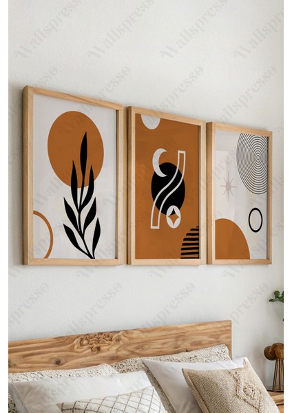 Modern Bohem Ahşap Çerçeveli Tablo - 3'lü Tablo Seti - Duvar Tablosu - Üçlü Tablo