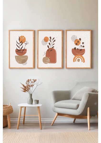 Minimalist Bohem Ahşap Çerçeveli Tablo - 3'lü Tablo Seti - Duvar Tablosu - Üçlü Tablo