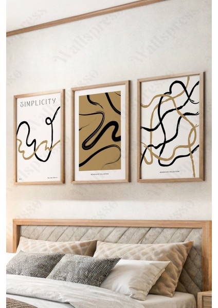 Modern Soyut Ahşap Çerçeveli Tablo - 3'lü Tablo Seti - Duvar Tablosu - Üçlü Tablo