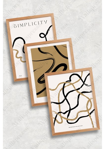 Modern Soyut Ahşap Çerçeveli Tablo - 3'lü Tablo Seti - Duvar Tablosu - Üçlü Tablo fiyatları