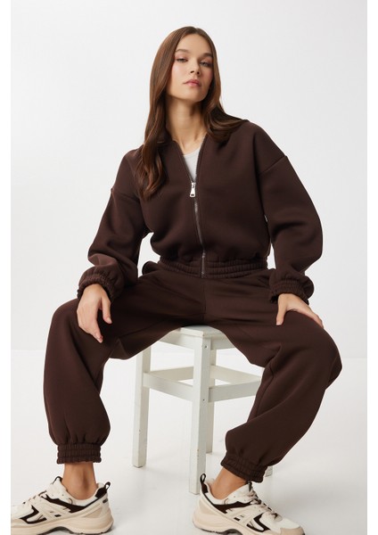 Fermuarlı Şardonlu Örme Alt-Üst Takım LDM0017 Kahverengi