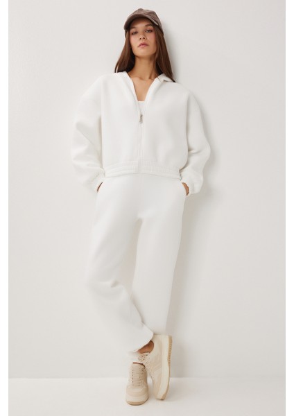 Fermuarlı Şardonlu Örme Alt-Üst Takım LDM0017 Ekru