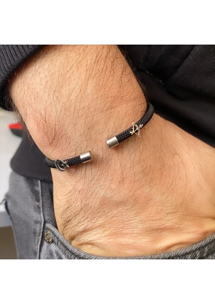 Gümüş Ayyıldız -Yay Sembollü Siyah Çelik Bileklik