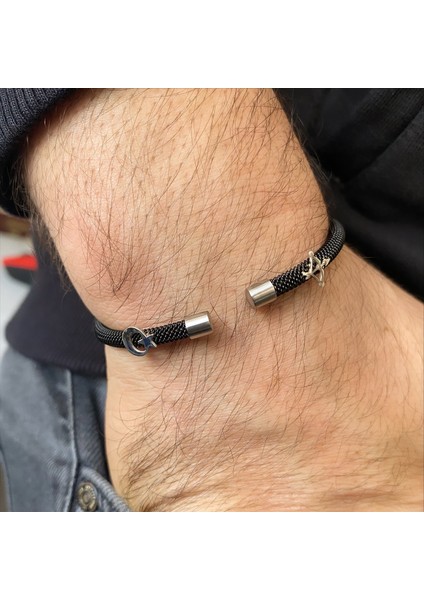Gümüş Ayyıldız -Yay Sembollü Siyah Çelik Bileklik fırsatları