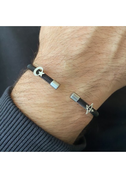 Gümüş Ayyıldız -Yay Sembollü Siyah Çelik Bileklik indirimleri