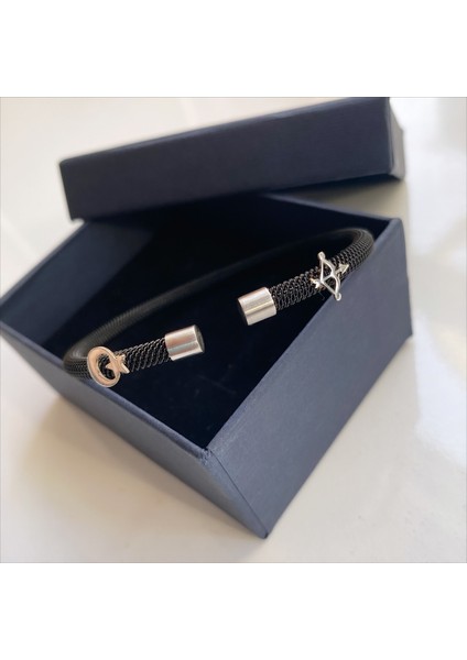 Gümüş Ayyıldız -Yay Sembollü Siyah Çelik Bileklik