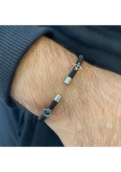 Gümüş Ayyıldız -Yay Sembollü Siyah Çelik Bileklik