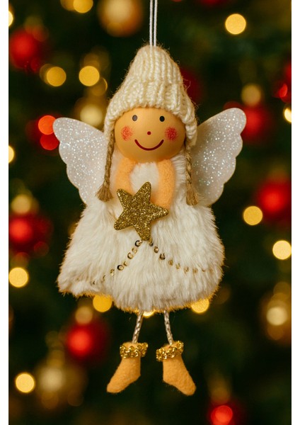 15 cm Peluş Melek Figürü, Yıldız Tutan, Noel Dekor, Sevimli Süs