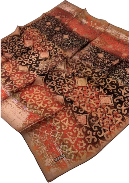 Nostalji Serisi Twill Ipek Eşarp 8022DS-01 Etnik Desen 01-Turuncu-Camel