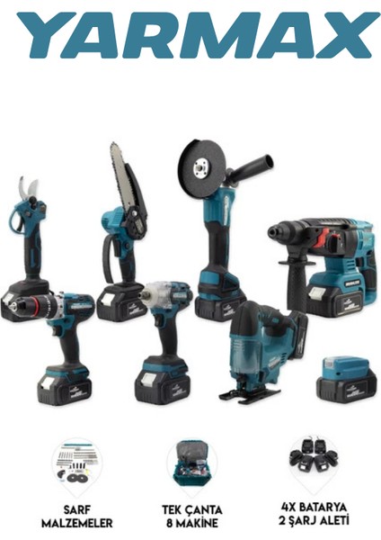 8'li Set Somun Sıkma - Dekupaj - Taşlama - Vidalama - Hilti - Dal Budama - Dal Kesme ... modelleri