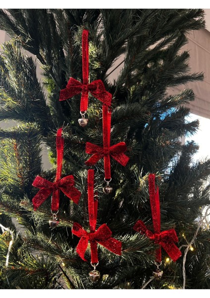 Yılbaşı Simli Kadife Kurdeleli Zilli Zincirli Çam Süsü 3'lü Set