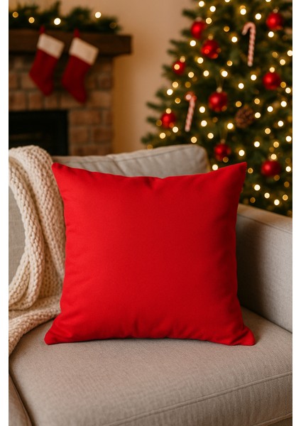 Yılbaşı Temalı Düz Kırmızı Dekoratif Kırlent Kılıfı 43X43 cm - Sadece Kılıf - Düz Renk