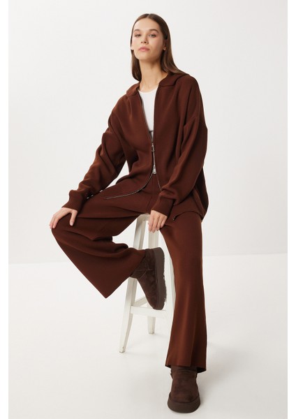 Kapüşonlu Fermuarlı Triko Alt-Üst Takım LMT0051 Kahverengi