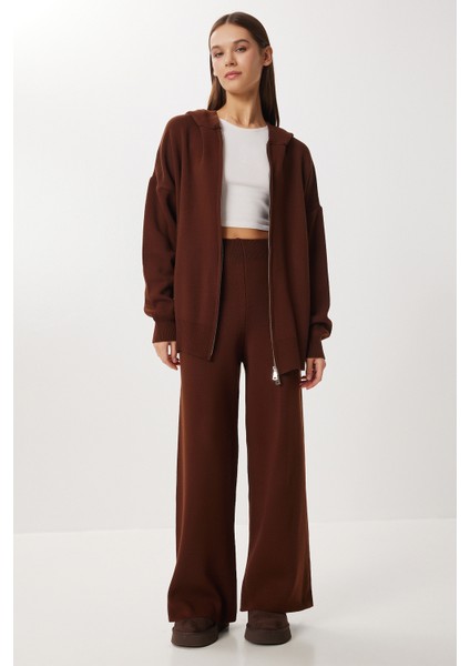 Kapüşonlu Fermuarlı Triko Alt-Üst Takım LMT0051 Kahverengi fiyatları