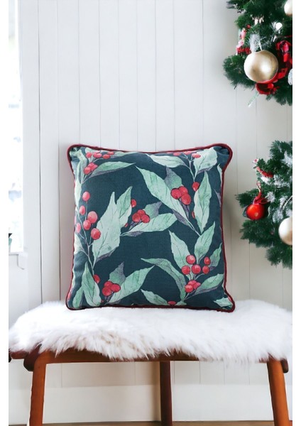 Yılbaşı Temalı Kokina Çiçeği Desenli Bordo Biyeli Dekoratif Kırlent Kılıfı