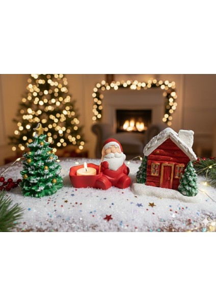 Yılbaşı Temalı Dekor Seti: Çam Ağacı, Noel Baba Mumluk, Kırmızı Dağ Evi Tütsülük
