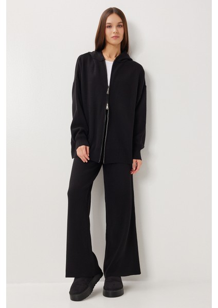Kapüşonlu Fermuarlı Triko Alt-Üst Takım LMT0051 Siyah