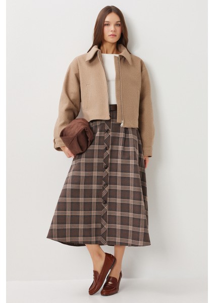 Kemerli Kareli Midi Poliviskon Etek LRG0047 Kahverengi
