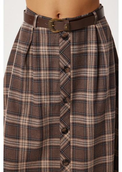 Kemerli Kareli Midi Poliviskon Etek LRG0047 Kahverengi modelleri