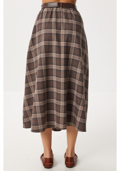 Kemerli Kareli Midi Poliviskon Etek LRG0047 Kahverengi fırsatları